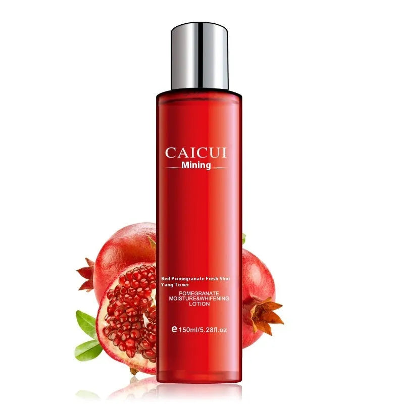 Pomegranate moisturising skincare set with four products for oily and combination skin: 120ml facial cleanser, 150ml toner, 100ml lotion and 50ml facial cream in red packaging, formulated with fruit oil for hydration and oil control