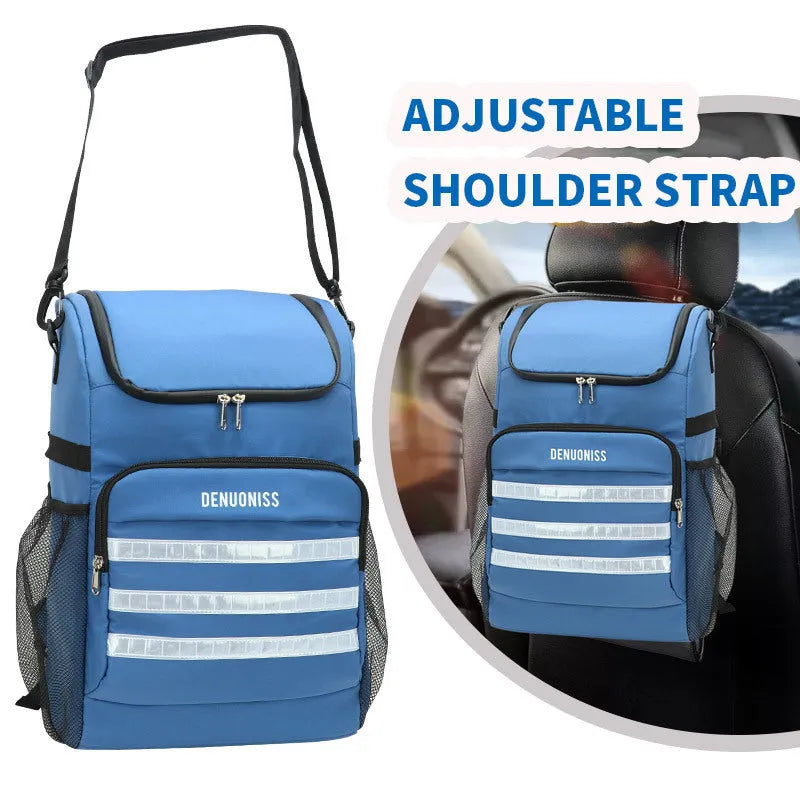 Insulated black cloth backpack with mounted bottle opener on shoulder strap