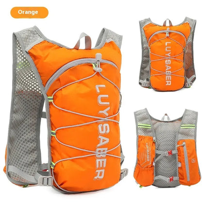 Nylon running backpack with reflective strips shown in multiple colour options.