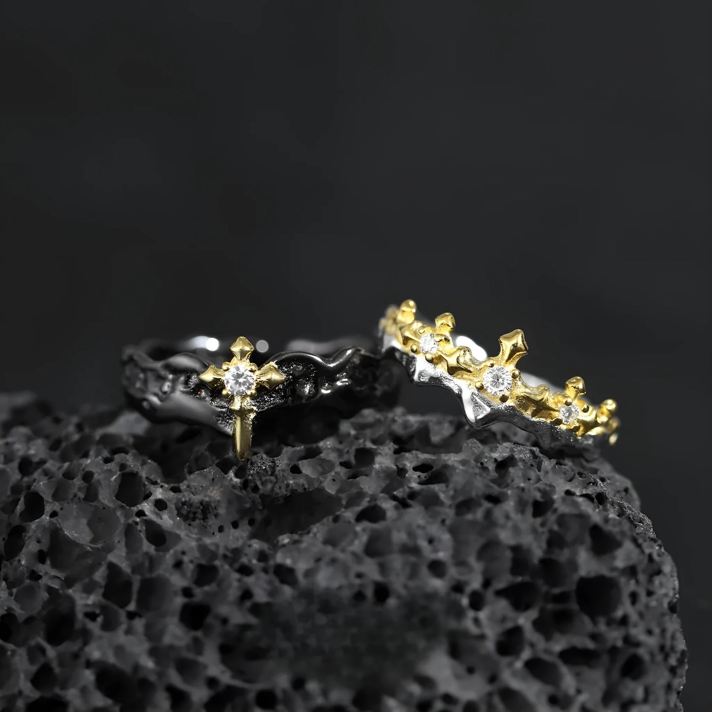 Princess Knight adjustable opening couple's ring in silver with white gold or black gold electroplated finish.