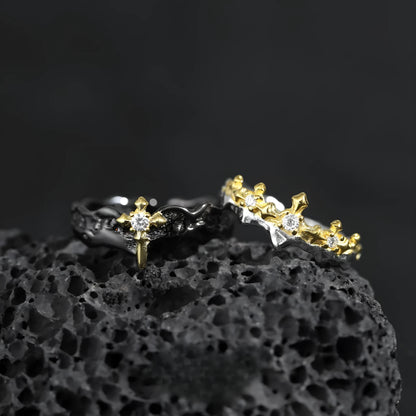 Princess Knight adjustable opening couple's ring in silver with white gold or black gold electroplated finish.