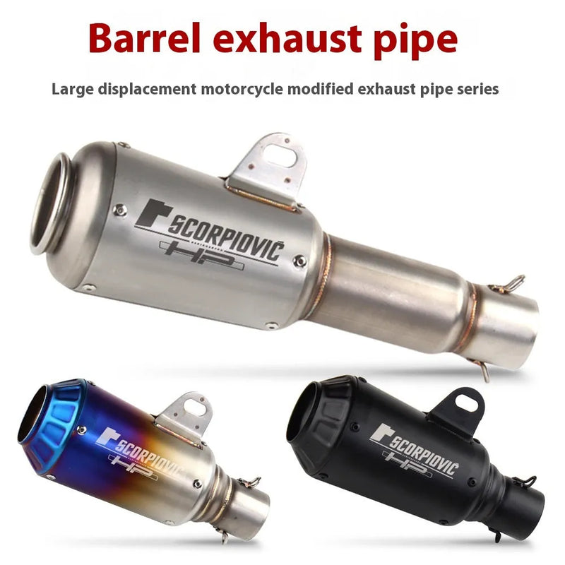 Universal Motorcycle Exhaust Pipe Stainless Steel Racing Type Modified Silencer with Flower Cover in Black, Titanium, Half Blue, Colourful, Lengthened Options
