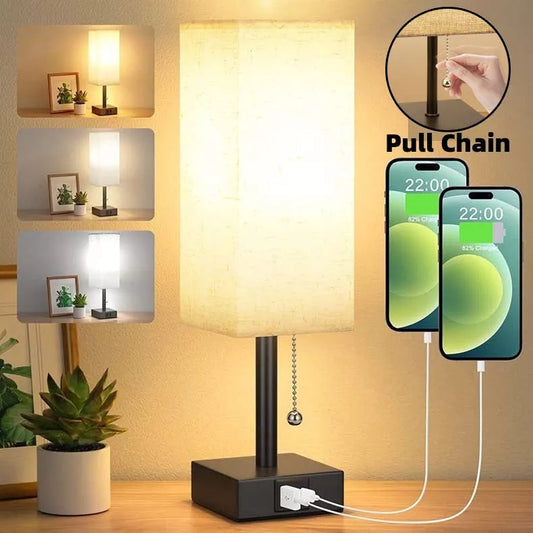Adjustable brightness bedside lamp with USB charging ports in various colors