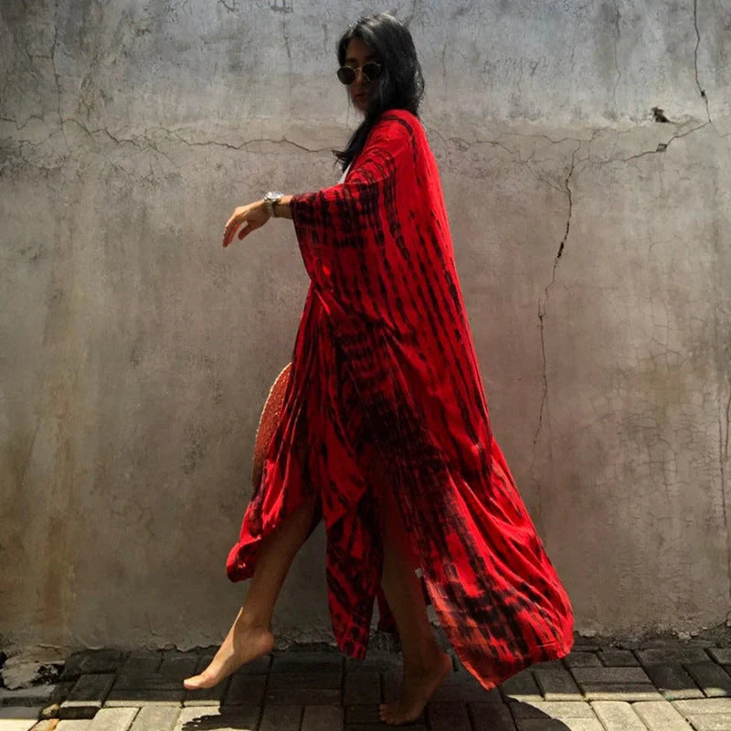 Boho printed fringed kimono cover-up for women, perfect for beach and poolside lounging.