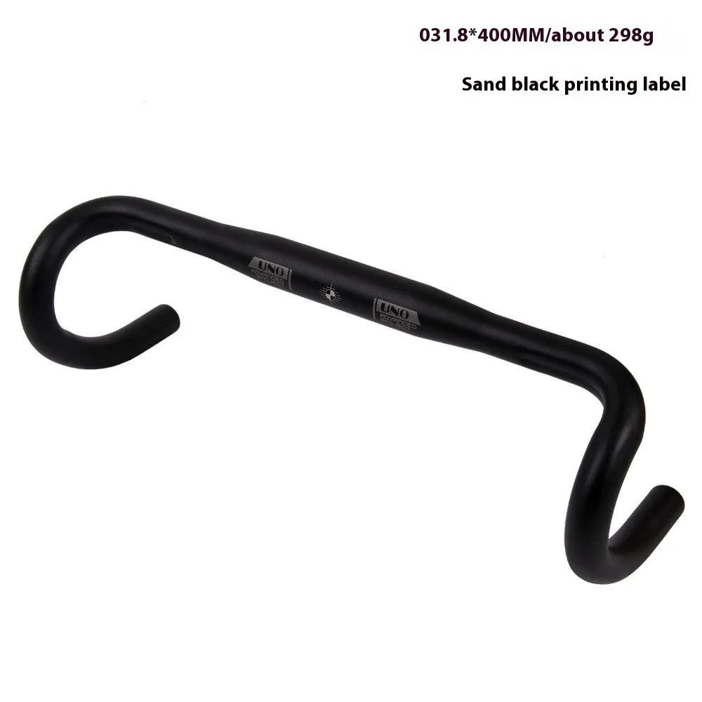 Black UNO road bike aluminium racing handlebar with small bent profile showing 31.8mm clamp markings