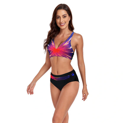 Beach Split Swimsuit Halter Bikini with unique printing pattern, available in multiple colors and sizes S-XXL