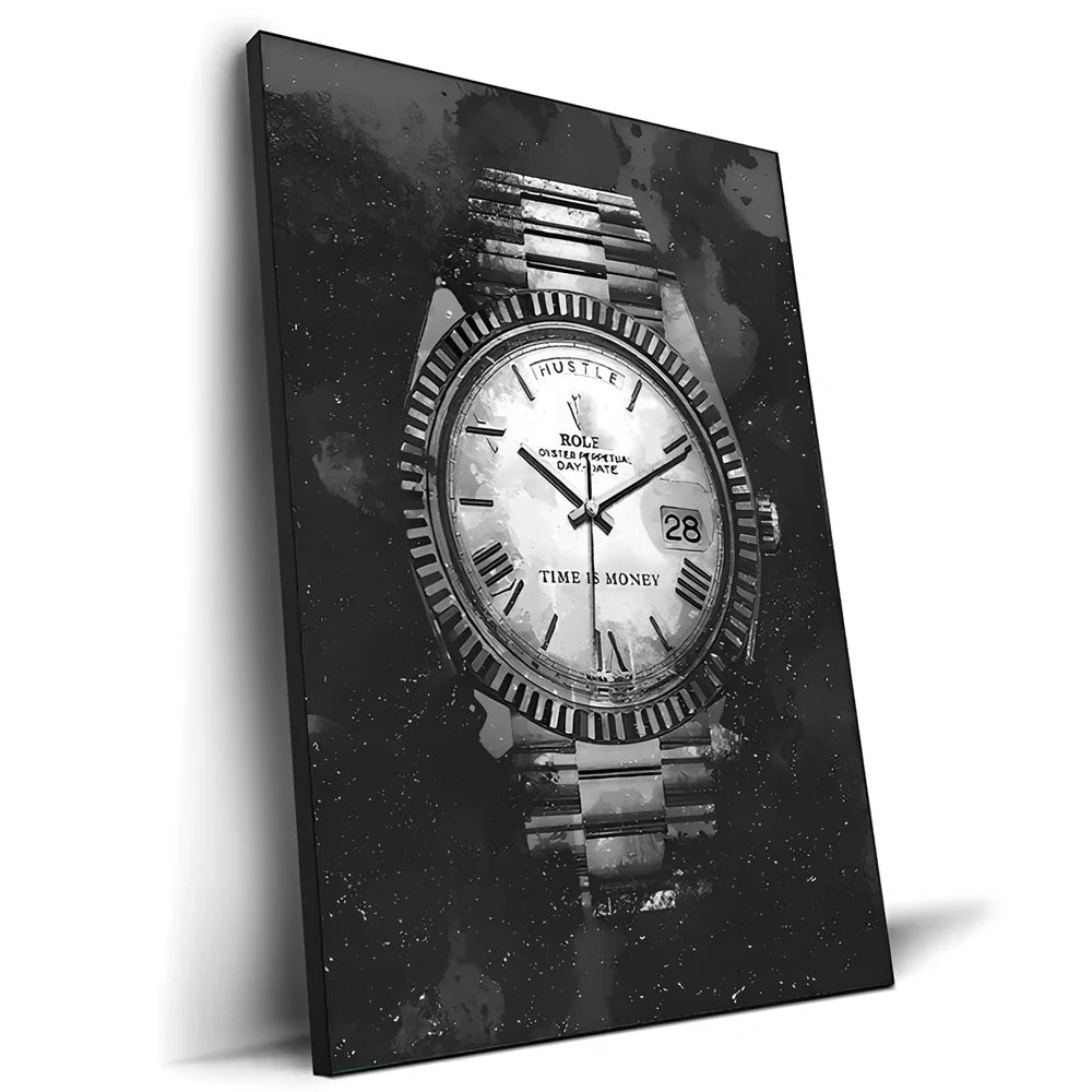 Spray-painted watch graffiti canvas art on oil painting cloth with white border