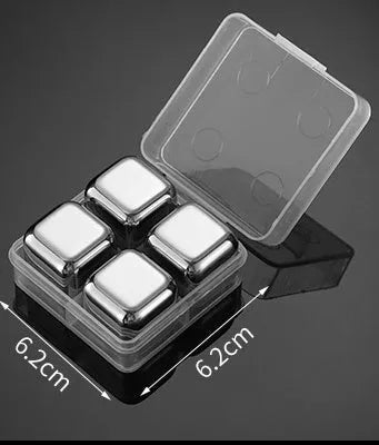 Set of eight stainless steel whiskey cooling stones with metal clip in plastic storage container