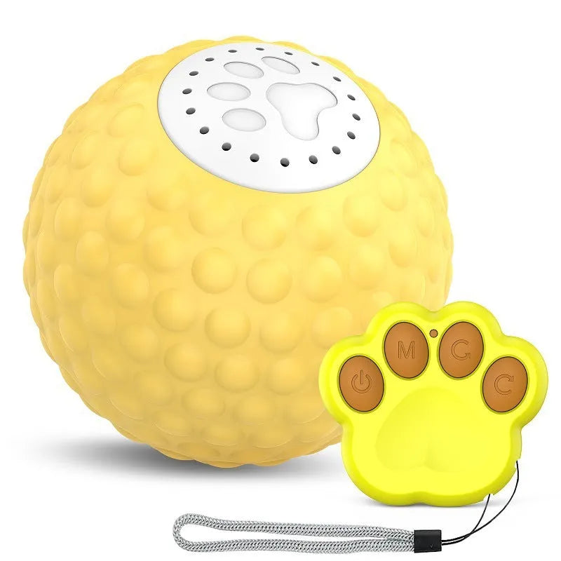 Blue remote control interactive rolling ball cat toy with sound effects on a carpet.