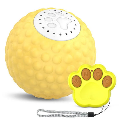 Blue remote control interactive rolling ball cat toy with sound effects on a carpet.