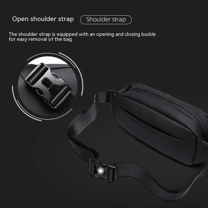 Black men's messenger bag with Oxford cloth exterior and cross-body strap for daily commuting
