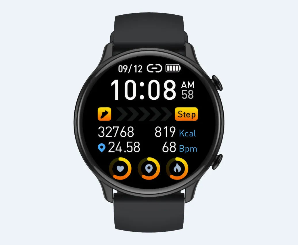 Round touch screen smart sports watch with silicone strap, showing heart rate and sleep monitoring display.