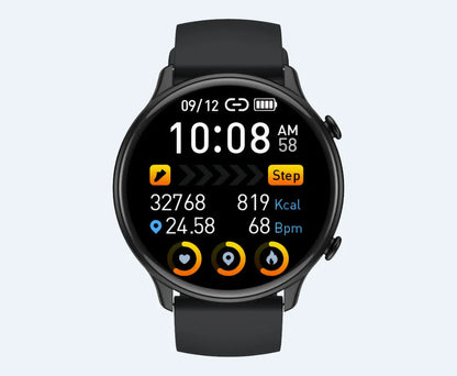 Round touch screen smart sports watch with silicone strap, showing heart rate and sleep monitoring display.