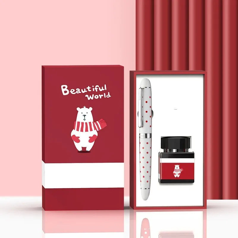 Metal beginner calligraphy fountain pen with gift box, available in Avocado, Bear, and Little dinosaur styles.
