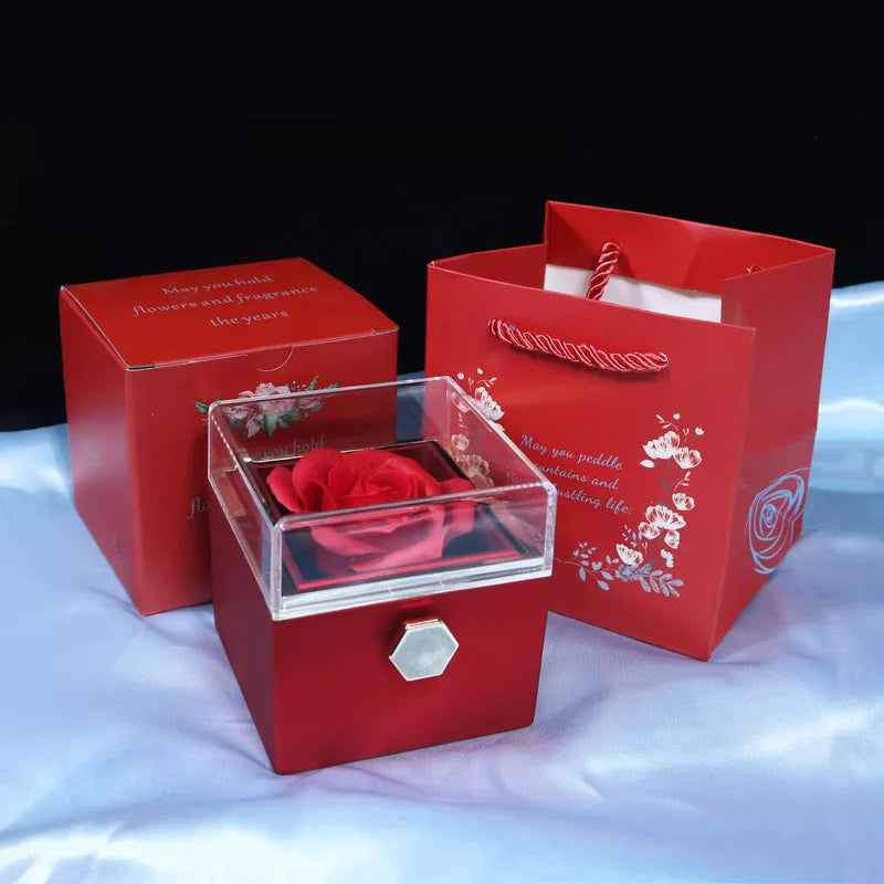 Rotating soap flower rose gift box with jewelry drawer in red, blue, lake blue, or pink