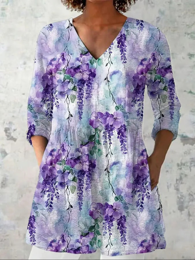Women's retro slim fit long-sleeved top with digital printed pattern in various colours, showing front view