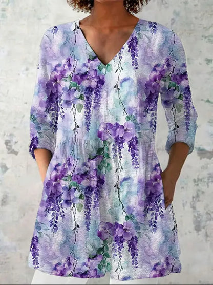 Women's retro slim fit long-sleeved top with digital printed pattern in various colours, showing front view