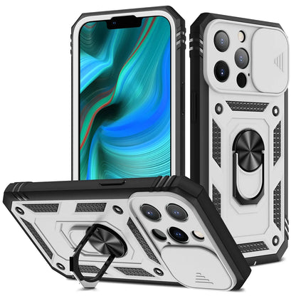 Magnetic iPhone case with sliding window bracket in sapphire blue colour showing adjustable viewing angle