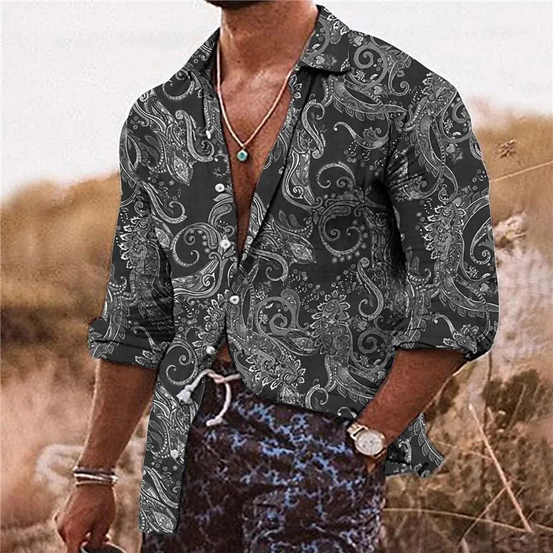 Men's loose fit polyester shirt with floral 3D pattern in bohemian style for business casual wear