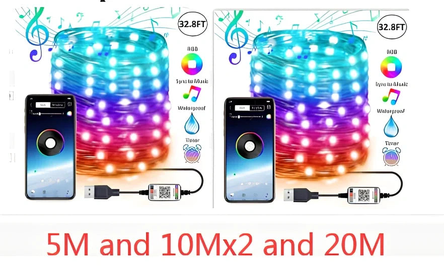 Programmable LED Christmas tree lights with app control showing custom colour animations on festive tree