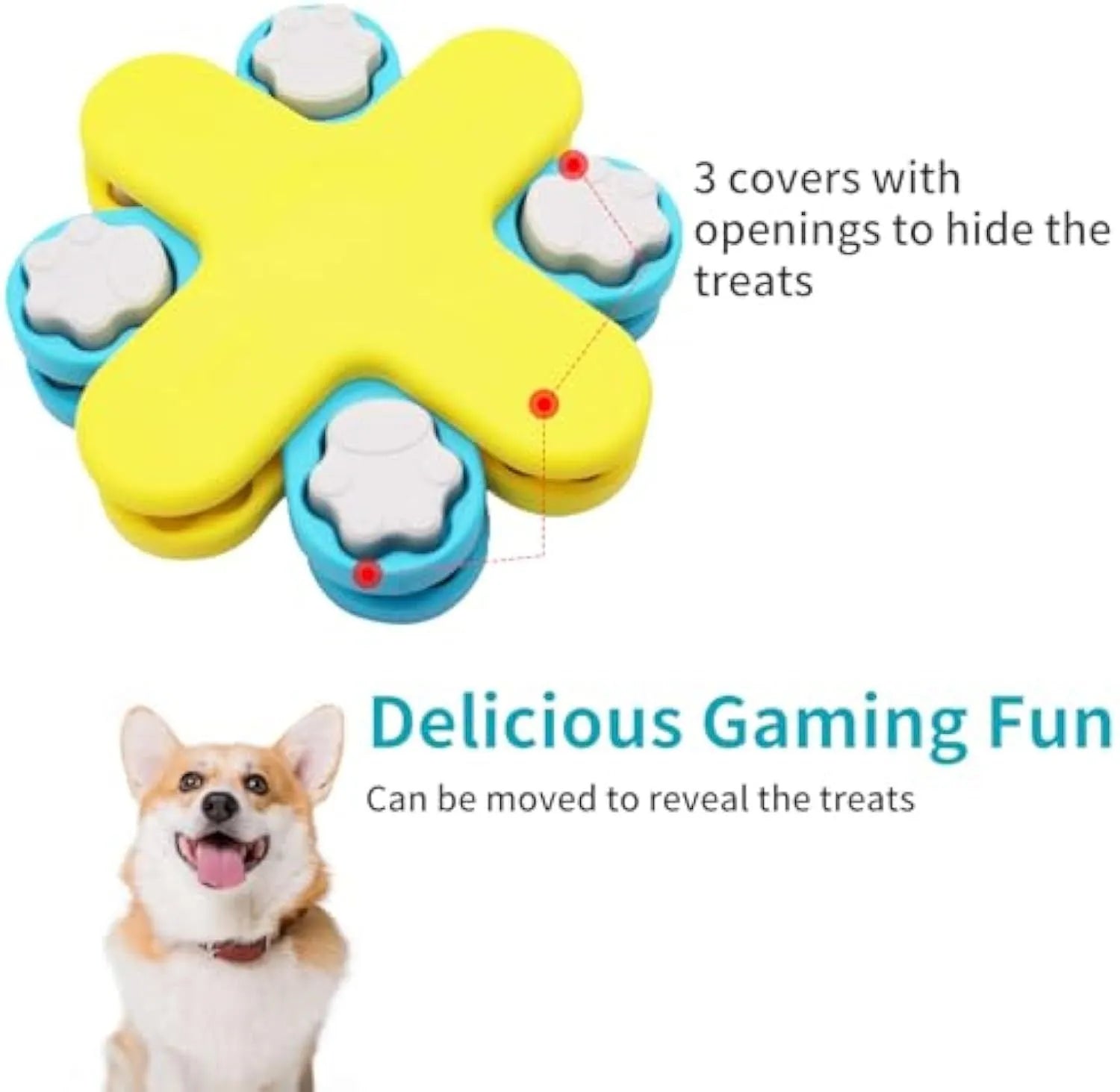 Yellow dog puzzle feeder with rotating lid and non-slip base for slow feeding and IQ training