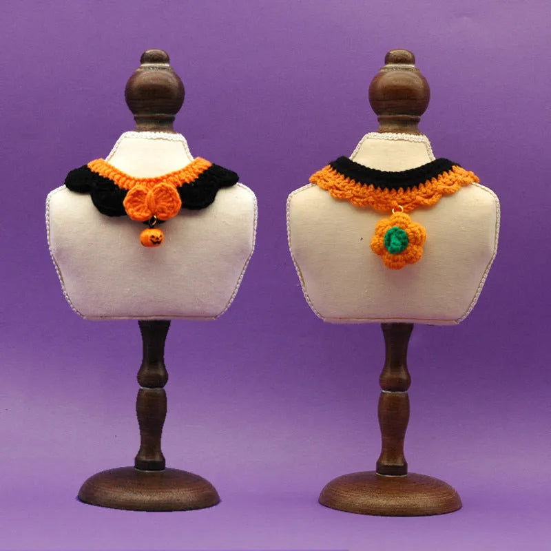 Hand crocheted wool Halloween pet collar for cats and dogs in pumpkin colours
