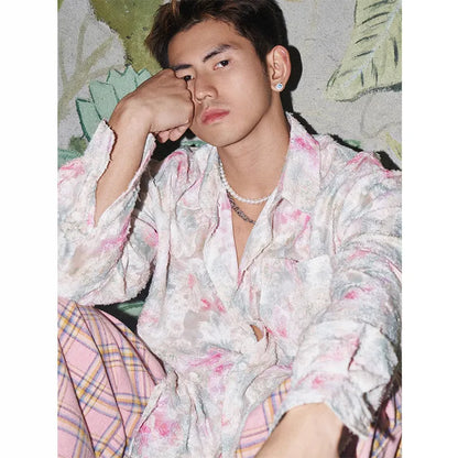 Long-sleeve floral shirt with embossed three-dimensional pattern in pink or blue, loose fit with chemical fibre blend fabric