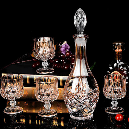 Chinese style yellow crystal glass whiskey and wine set with 7 pieces including glasses and bottles
