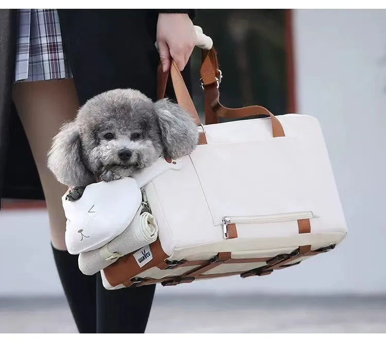 Beige hard-sided pet carrier with one-shoulder strap for cats and pets under 15kg