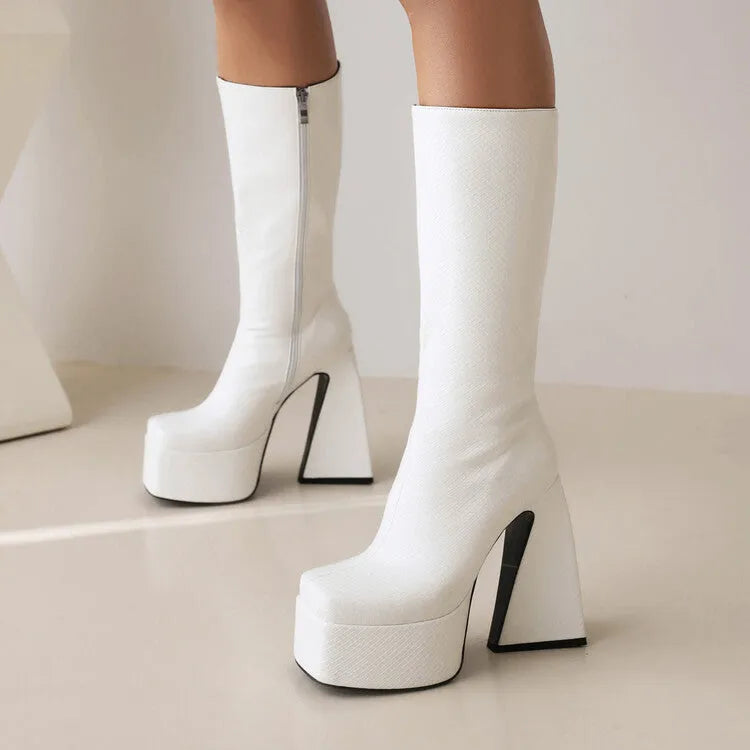 Women's high boots with artificial PU upper in black, red, blue, or white colours, sizes 34-43