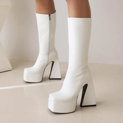 Women's high boots with artificial PU upper in black, red, blue, or white colours, sizes 34-43