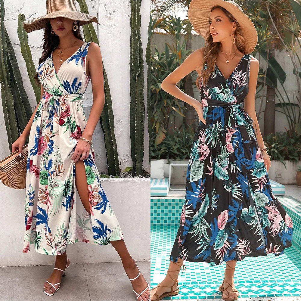 Women's Printed Lace-Up Resort Camisole Dress in black and apricot colors