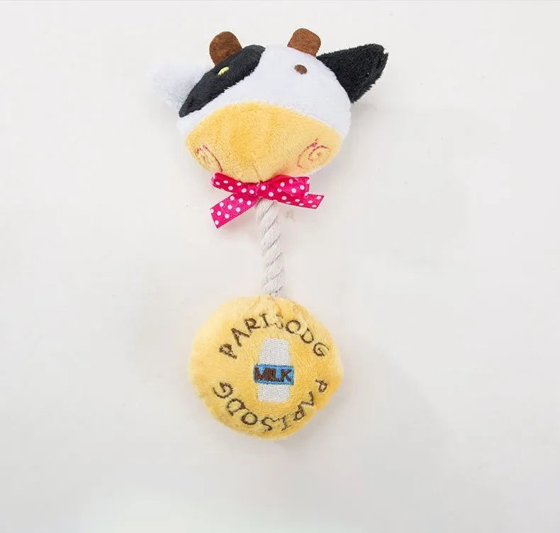 Plush dog toy with rope and sound in frog, elephant, cow, or bear designs
