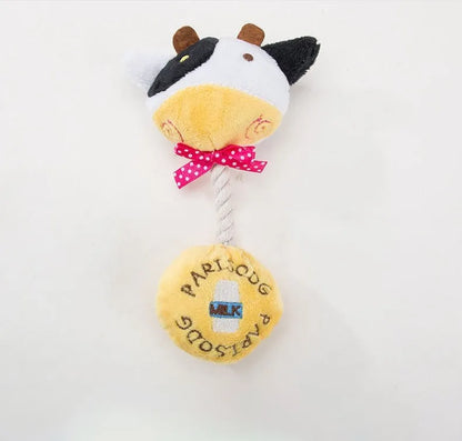 Plush dog toy with rope and sound in frog, elephant, cow, or bear designs