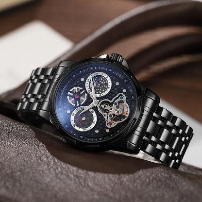 Men's automatic watch with luminous hands, 13mm thickness, available in black or white steel and leather strap options