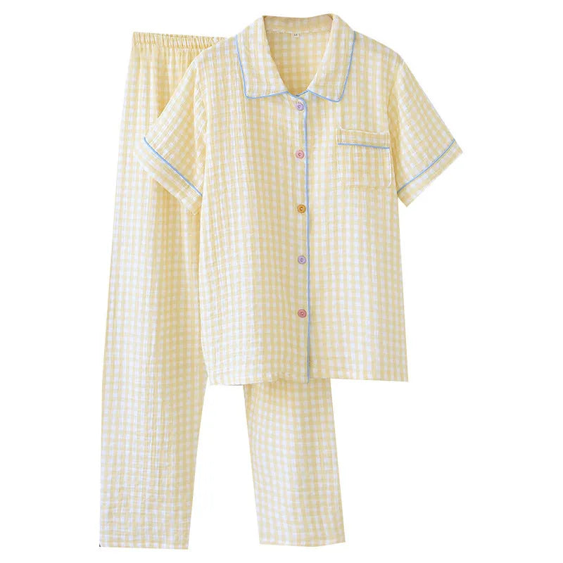 Women's washed cotton double-layer gauze short-sleeved trousers set in flower sea or yellow plaid pattern.