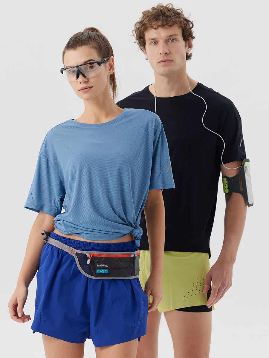 Men's straight-leg sports shorts with side slits in turmeric yellow, night blue, and black colours