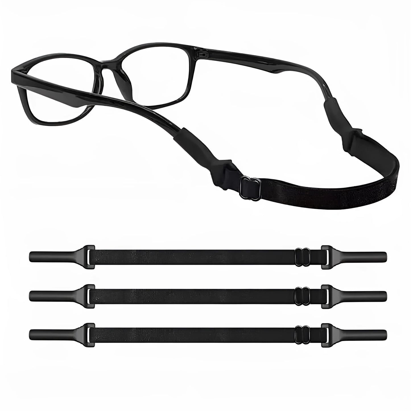 Black adjustable glasses cord strap with silicone earpiece tips shown in adult and children's styles