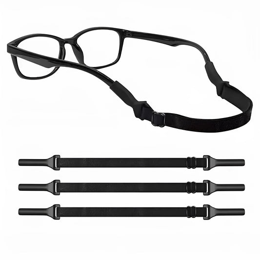 Black adjustable glasses cord strap with silicone earpiece tips shown in adult and children's styles