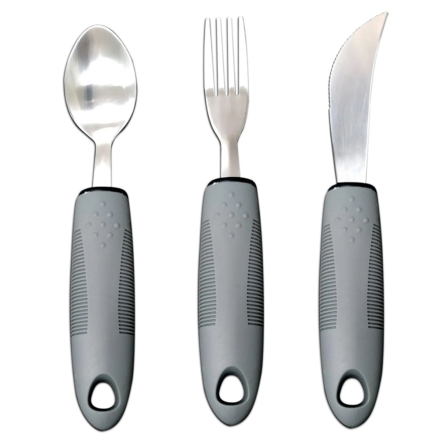 Stainless steel adaptive eating utensils with rubber handles and bendable components for elderly anti-shake support