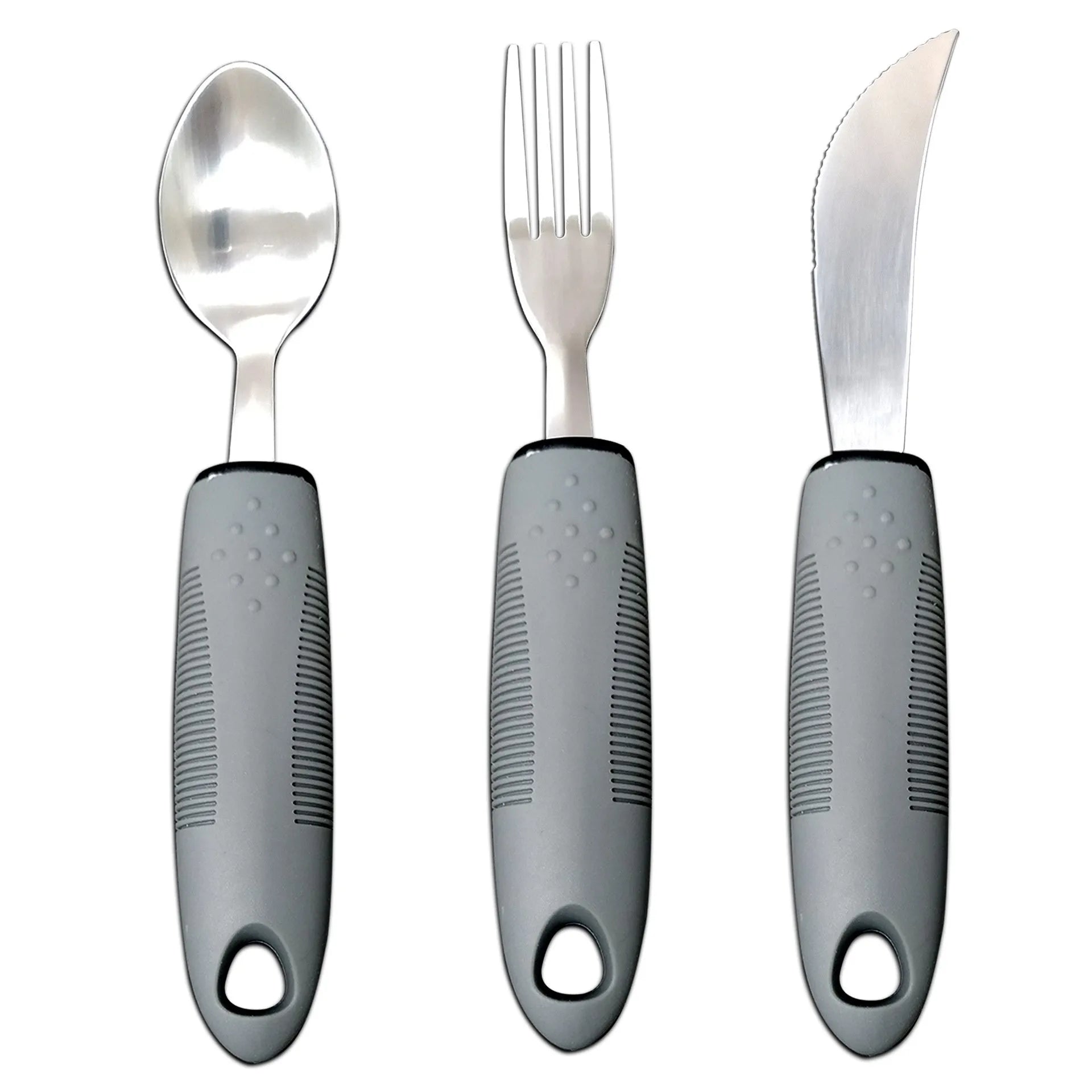 Stainless steel adaptive eating utensils with rubber handles and bendable components for elderly anti-shake support