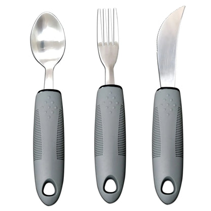Stainless steel adaptive eating utensils with rubber handles and bendable components for elderly anti-shake support