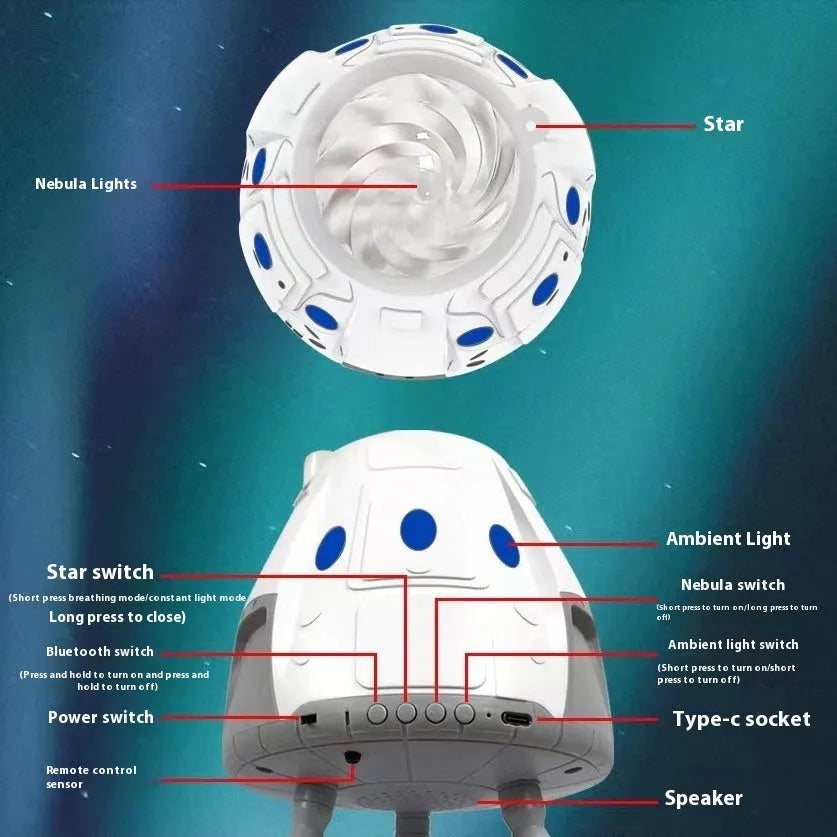 Space capsule shaped galaxy atmosphere projector lamp with USB cable and remote control