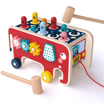 Wooden pounding bench toy with vibrant animal designs, promoting hand-eye coordination and creativity for toddlers and kids
