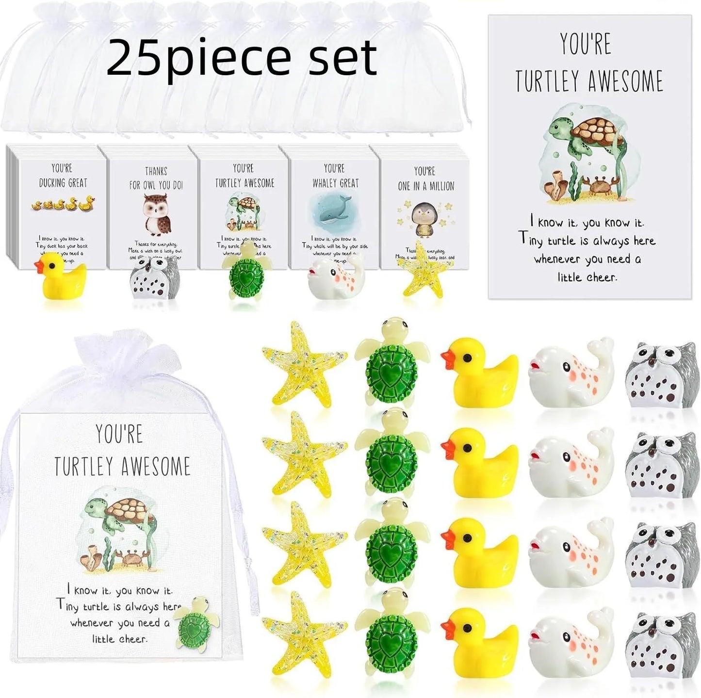 Set of resin pun inspirational memo cards laid out, showing different quantities available.