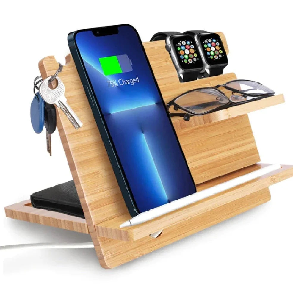 Tung wood desktop phone stand with bracket base measuring 25cm by 15cm