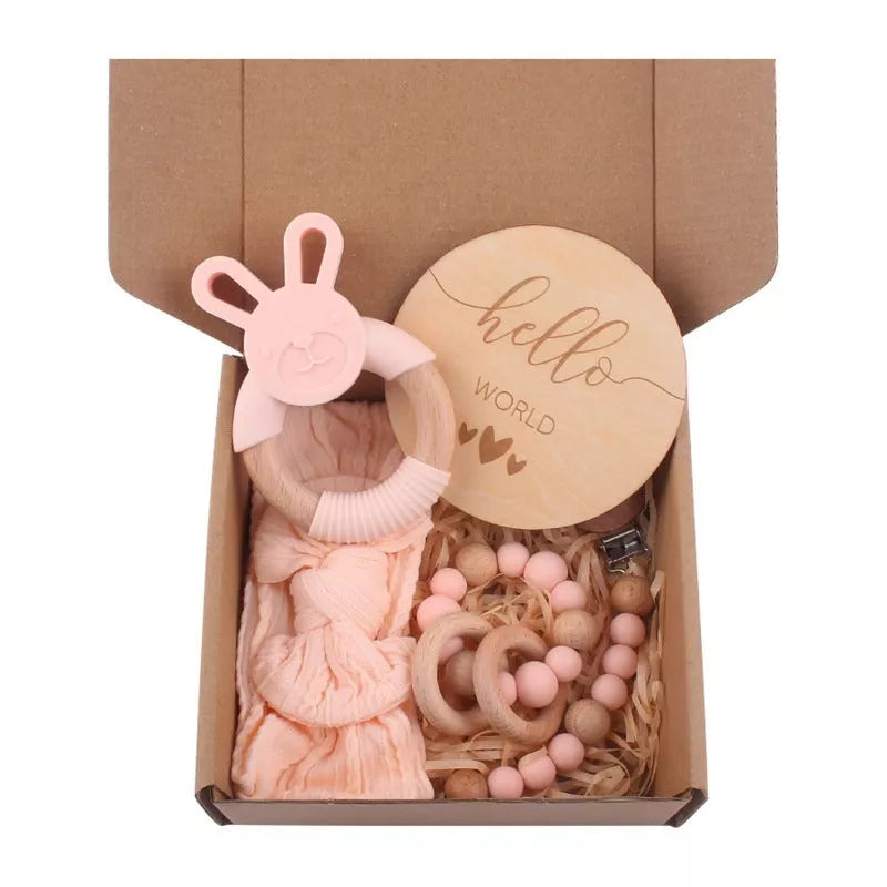 Natural cotton baby bath toy set with wooden rattle and comfort towel