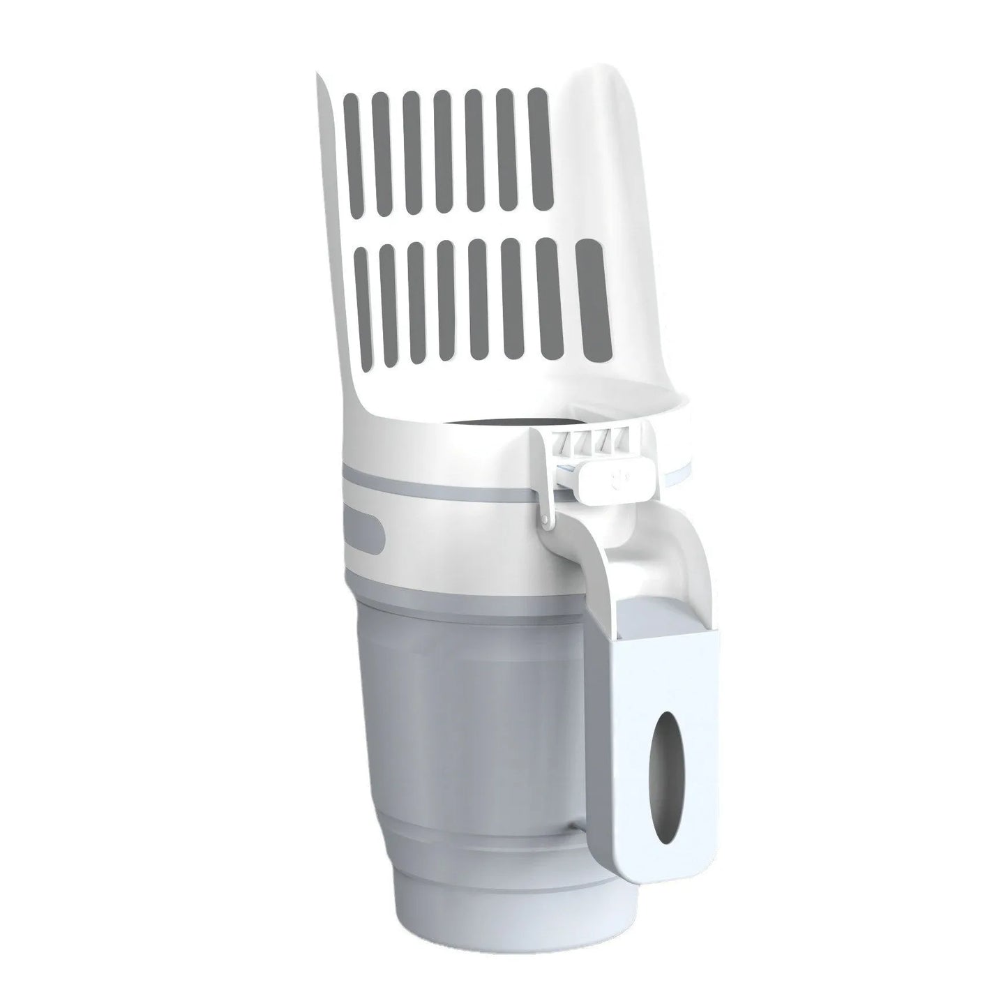 Grey cat litter scoop with attached waste collection bin and sheltered lid.