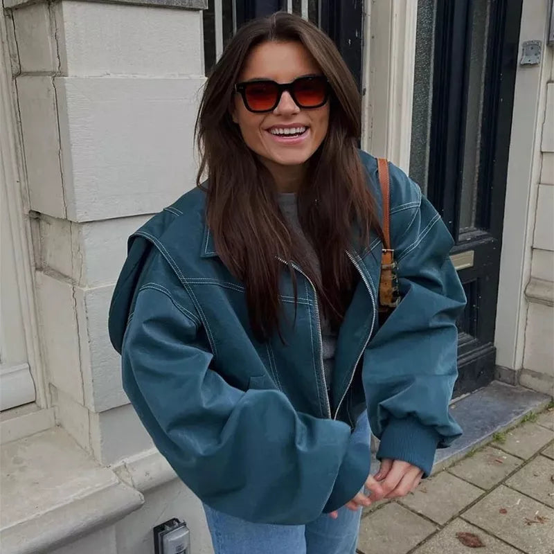 Women's loose fashion lapel zip-up jacket in chenille fabric with princess sleeves