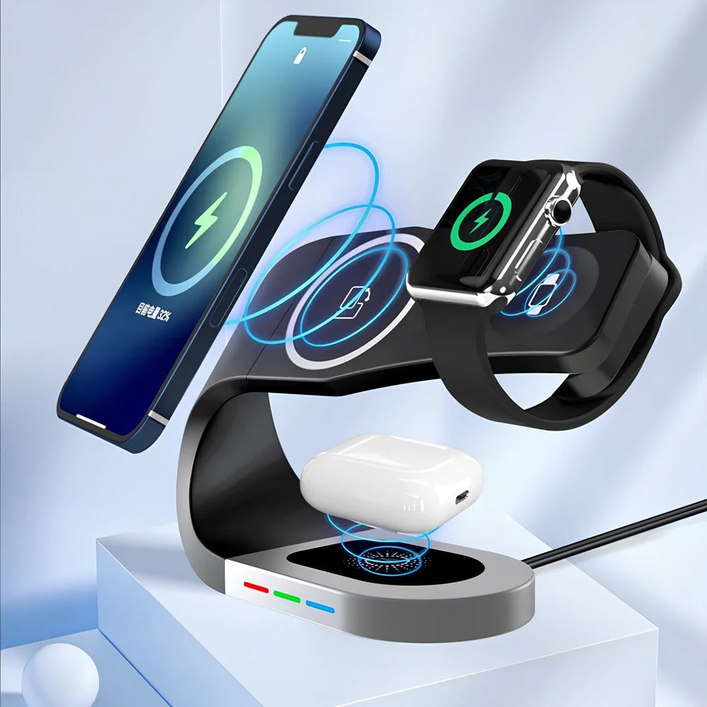 Three-in-one wireless magnetic suction bracket showing black finish and compact design